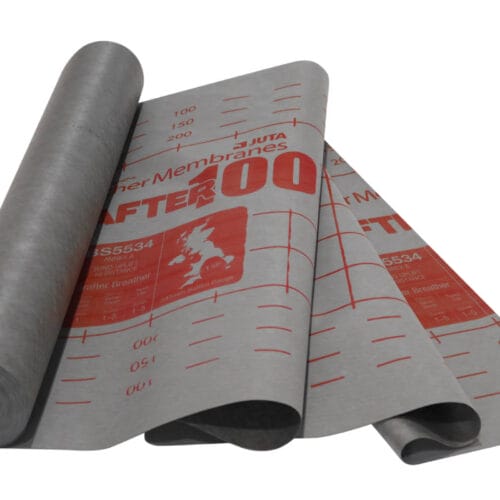 Partially unrolled EasyTrim Grafter roof underlay displaying printed measurements and UK map graphic.