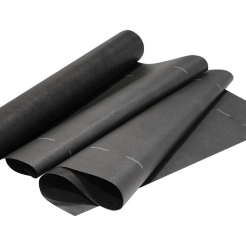 EasyTrim non‑breather roofing membrane partially unrolled, showing dark grey surface and dashed guide markings