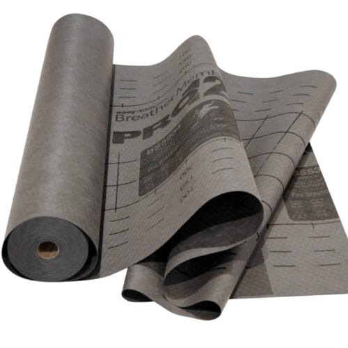EasyTrim Pro breather membrane roll partially unrolled, showing black printed grid lines and product branding.