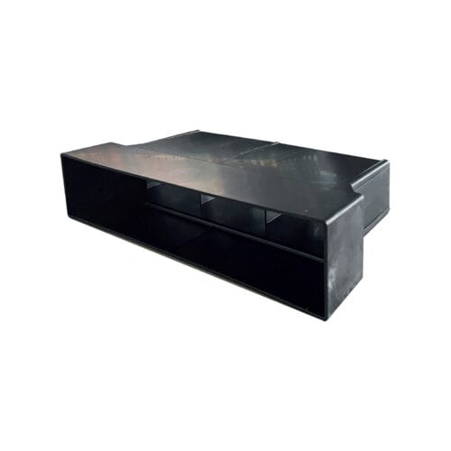 Close‑up of EasyTrim horizontal extension adaptor in black, used to maintain ducted airflow through brickwork cavities